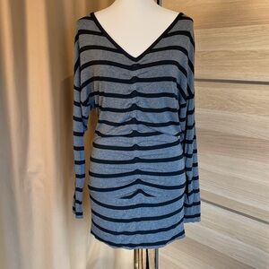 Bailey 44 Gray M Black Striped Ruched Front Long Sleeve Top Stretch Knit Tunic